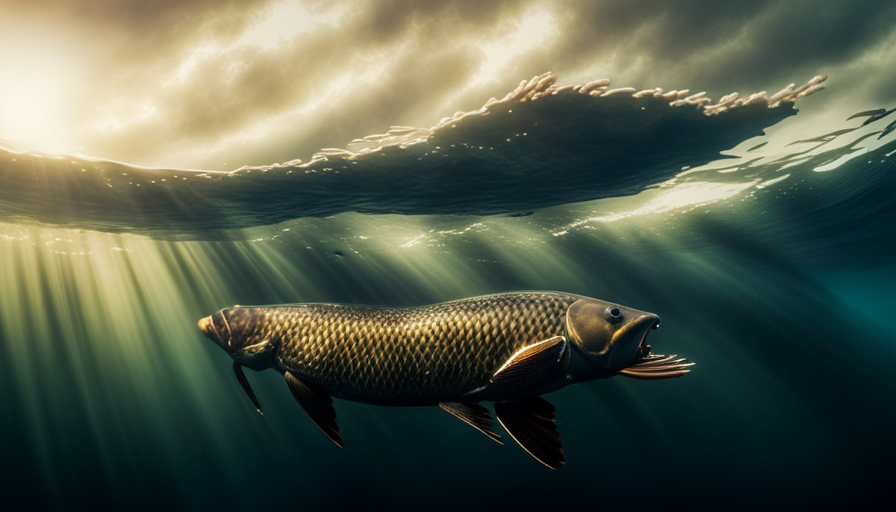 An image depicting a majestic Common Carp swimming gracefully in a serene freshwater environment, showcasing its distinctive bronze scales, powerful fins, and long whiskers, to capture the essence of this captivating species