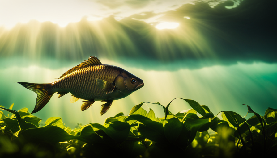 An image showcasing the mesmerizing Crucian Carp, featuring its distinctive golden-brown scales shimmering under the sunlight, surrounded by lush aquatic vegetation and gracefully gliding through crystal-clear waters