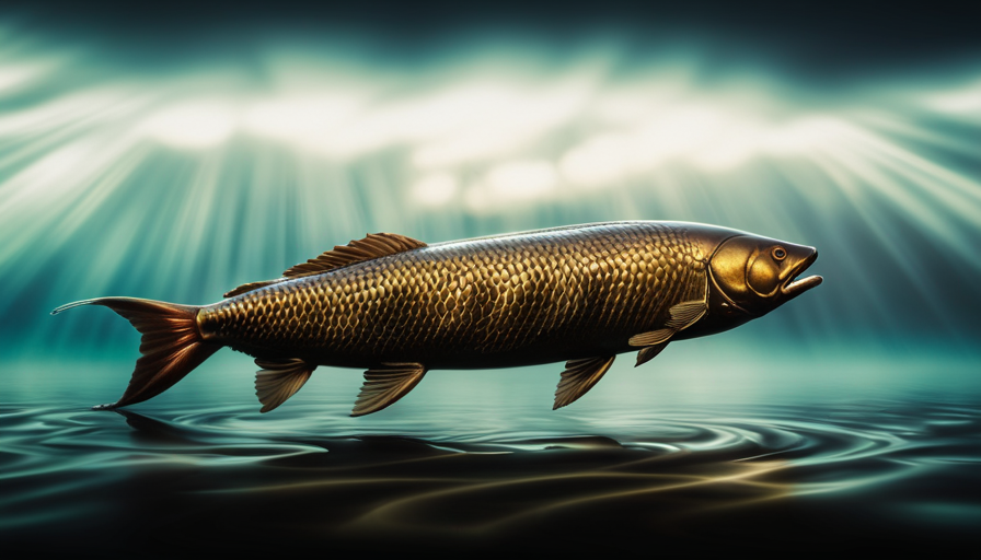 An image showcasing the majestic Leather Carp, capturing its scaly, metallic bronze body shimmering under the sun, with its long, flowing fins gracefully trailing behind, as it elegantly glides through crystal-clear waters