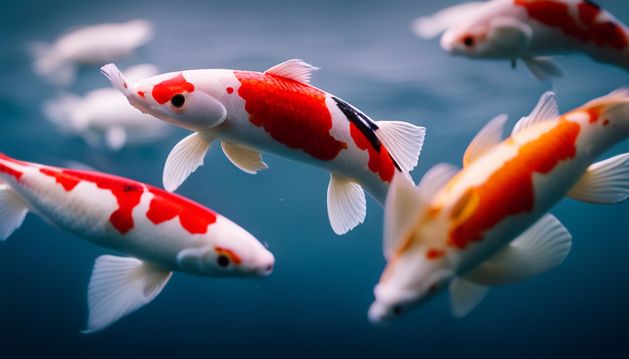 An image showcasing the vibrant and elegant Koi Carp, featuring their iconic colors and patterns such as the Kohaku, Showa, and Utsurimono varieties, swimming gracefully in a serene pond