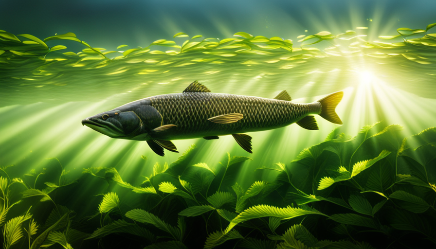 An image showcasing a majestic Grass Carp elegantly swimming in a serene freshwater pond, surrounded by lush green aquatic vegetation and sunlight filtering through the crystal-clear water, illustrating the allure of this popular carp species