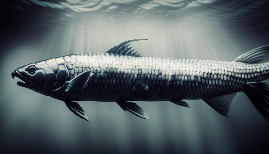 An image showcasing the elegant Ghost Carp, featuring its translucent body shimmering with silver scales, long flowing fins, and mesmerizing eyes that seem to hold secrets of the underwater world